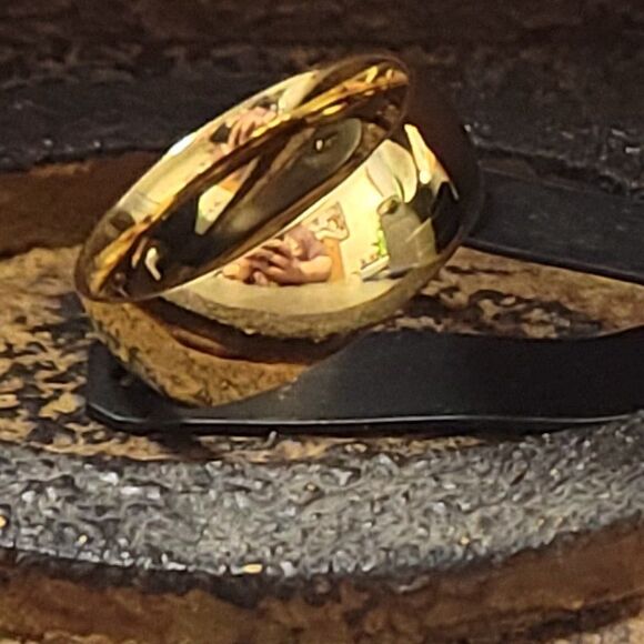 Personalized Men's Titanium Gold Wedding Band Ring 14k Gold Coated - Picture 5 of 7